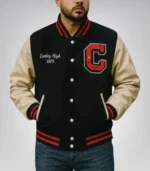 Cooley High black and off white wool letterman varsity jacket with leather sleeves