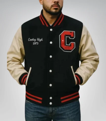 Cooley High black and off white wool letterman varsity jacket with leather sleeves