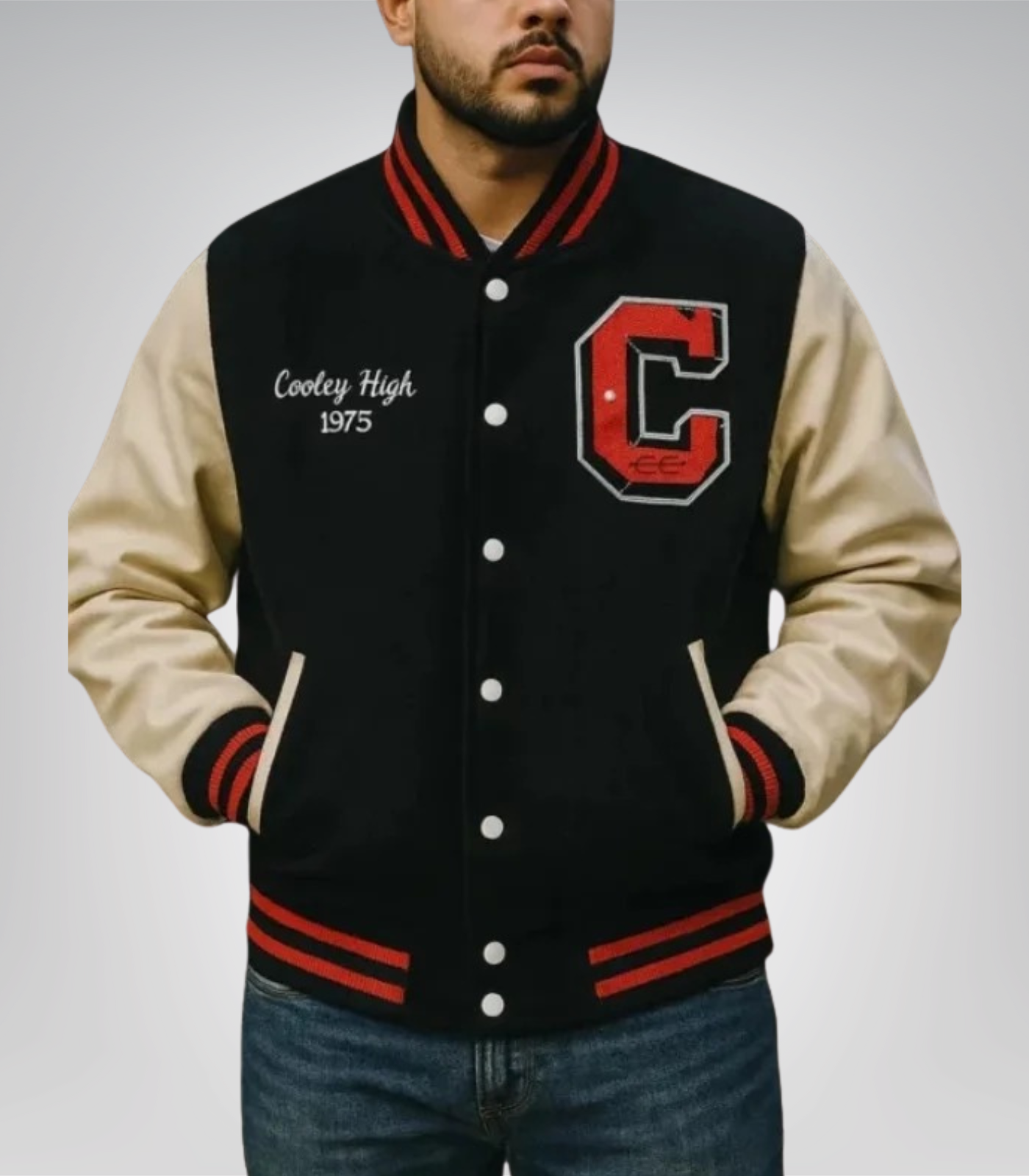 Cooley High Black and Off White Wool Letterman Varsity Jacket with Leather Sleeves Cooley High black and off white wool letterman varsity jacket with leather sleeves
