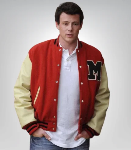Cory Monteith Glee wool letterman jacket with leather sleeves and M logo