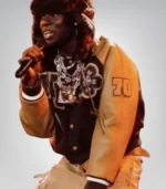 Rema Brit Awards 2024 Brown and Yellow Varsity Bomber Jacket - Image 2