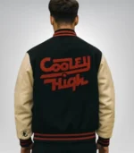 Black and off white wool varsity jacket with leather sleeves by Cooley High