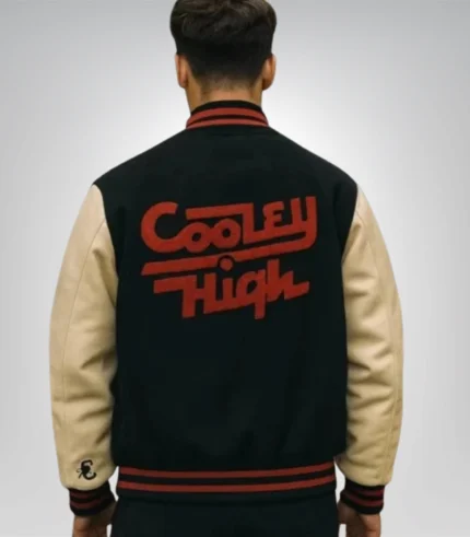 Black and off white wool varsity jacket with leather sleeves by Cooley High