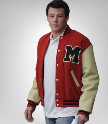 Glee Cory Monteith wool letterman jacket featuring leather sleeves