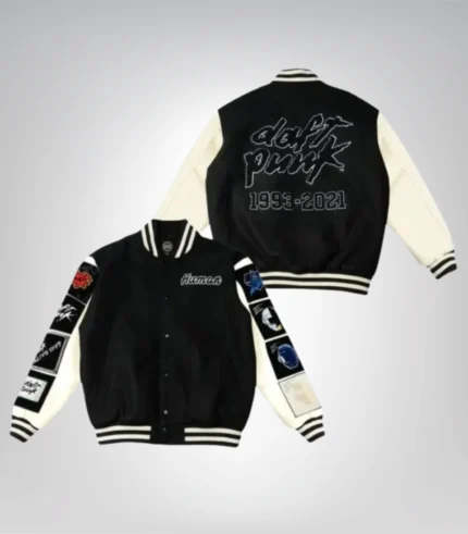 Black wool letterman varsity jacket with leather sleeves by Daft Punk