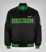 Black satin varsity jacket for men inspired by Dan Lanning Oregon Ducks
