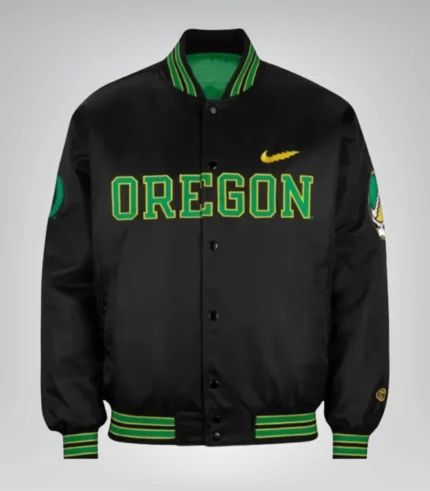 Black satin varsity jacket for men inspired by Dan Lanning Oregon Ducks