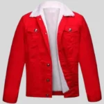 Red denim jacket with soft fur lining for festive Christmas fashion