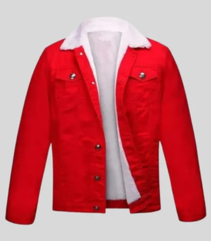 Red denim jacket with soft fur lining for festive Christmas fashion