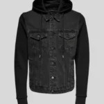 Men’s Bomber Black Denim Hooded Jacket – Casual Streetwear Style