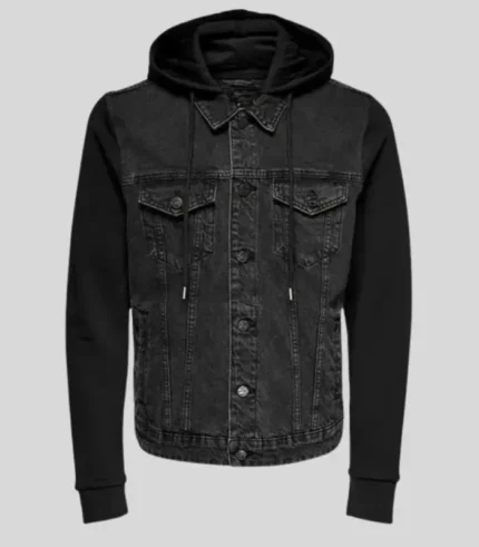 Men’s Bomber Black Denim Hooded Jacket – Casual Streetwear Style