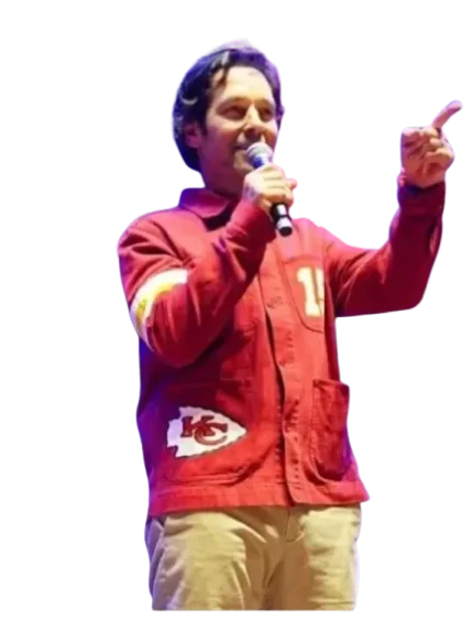 Big Slick 2024 celebrity Paul Rudd Chiefs jacket in sporty style