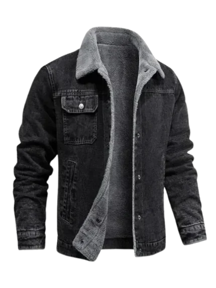 Black denim shearling jacket for men – slim fit winter style