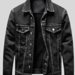 Men’s distressed black denim jacket with comfortable casual fit