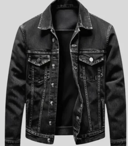 Men’s distressed black denim jacket with comfortable casual fit